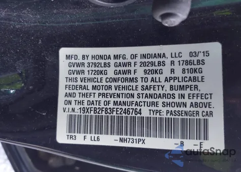 2015 Honda Civic Ex z USA, uszkodzony, nr VIN 19XFB2F83FE246764